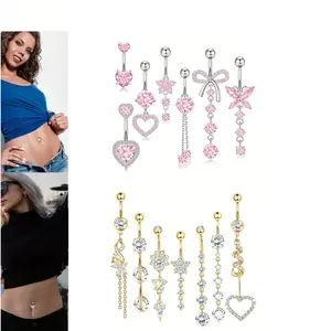 7 Pieces Women's Swinging Abdominal Button Ring, 316L Surgical Steel Curved Navel Puncture Nail, Cute Heart Butterfly Flower Dangling Belly Piercing Jewelry