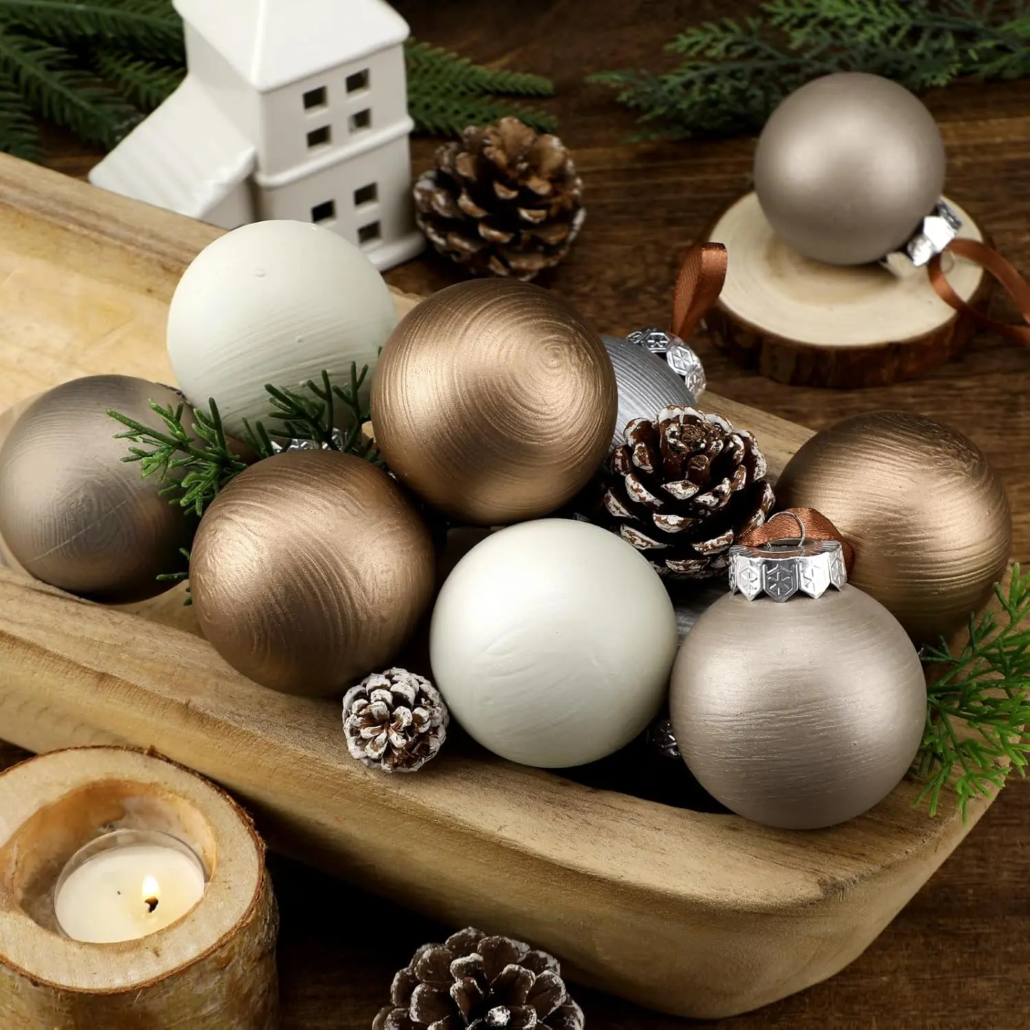 12-Count Modern Neutral Round Christmas Ball Ornaments Set with Hangable Hooks - 2.36in Lightweight, Durable Plastic, Rustic White & Brown Textured Shatterproof Baubles, Farmhouse Christmas Tree Decor, Indoor-Outdoor Safe Holiday Ornaments, Outdoors, Brow