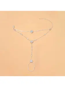 Women Floral Rhinestone Hand Chain, All-in-one Bracelet & Ring, Sweet Versatile Accessory