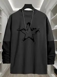 Gothic Star Halloween Element Loose Long Sleeve Round Neck T-Shirt, Fashion Street Casual Style, Comfortable Trendy Top Gift