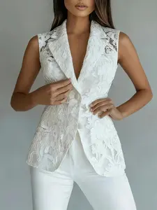 Spring Summer Fashion Elegant Lace Vest Top, Single Button Lapel Collar Sleeveless Jacket, Women's Stylish Outerwear