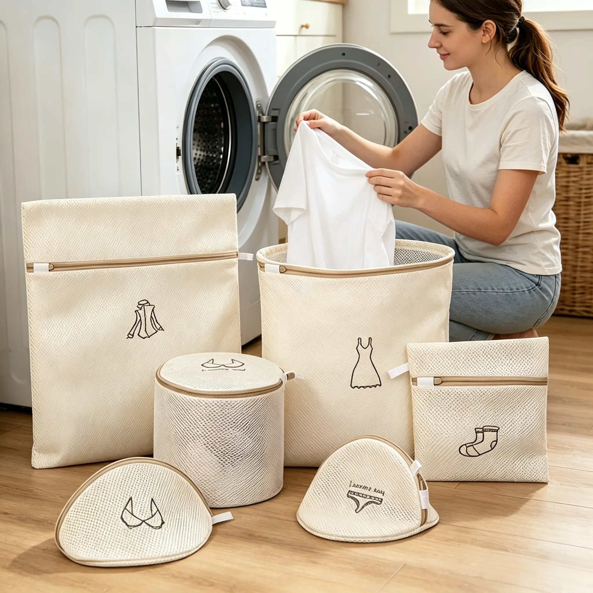 Multi-size mesh laundry bags 6-in-1 set, double-layer mesh material reusable storage bags, can effectively prevent clothes from being pulled or damaged, suitable for household washing machines and travel storage.