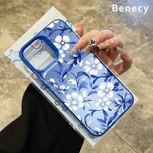 Phone Case for iPhone 15 16 14 Pro Max 13 12 11 XR XS Plus E Blue  white Floral Dream Pattern Matte Shockproof Anti-Scratch Stylish Smartphone Cover Cellphone Protective