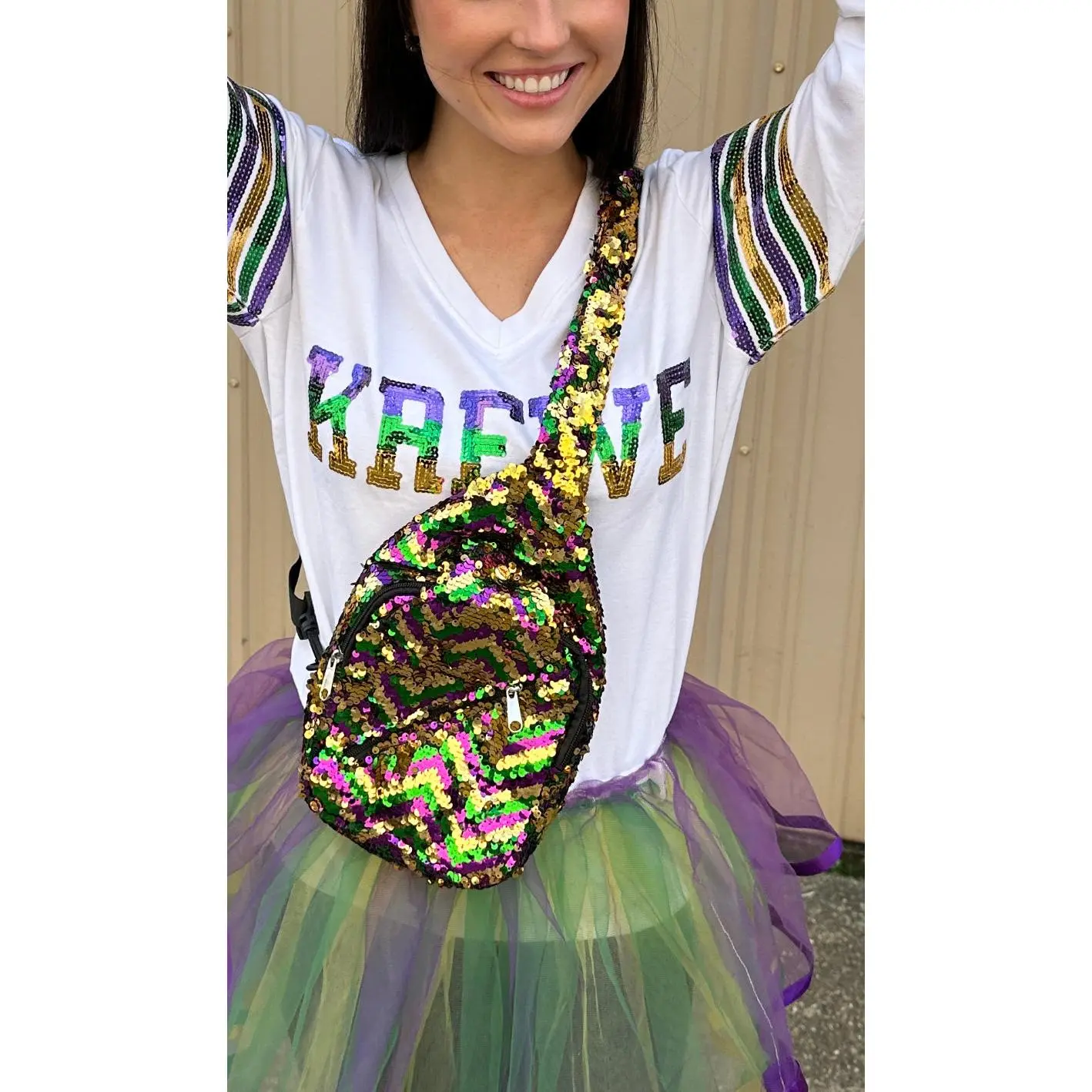 Chevron Crossbody Sequin Purple, Green, and Gold Backpack