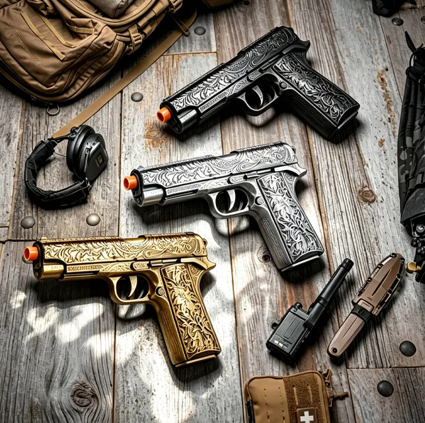 Vintage-Style 1911 ABS Plastic Toy Gun - Weathered Look, Intricate Detailing, Bright Orange Muzzle, Safe Fun Holiday Gift for Blasters & Outdoor Play Enthusiasts