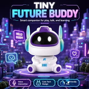 AI Robot Toy, Electronic Robot Toy with LED Screen Face Display, White and Purple Plastic Body with Voice Chat Microphone, Desktop Digital Moving Figure for Boys Girls
