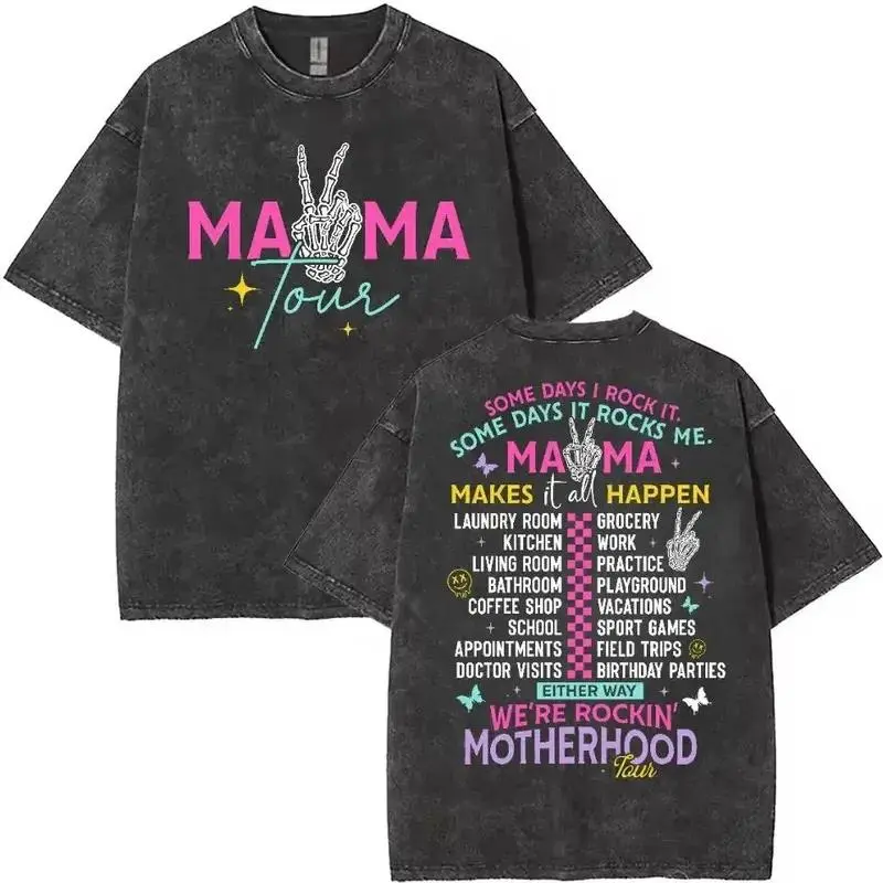 Men's Washed Round Neck Short-Sleeve Graphic T-Shirt - Relaxed Fit, Unisex Sizes, Casual Streetwear Top with Vivid Print, Typography Art & Motherhood Message, Black, Black Washed