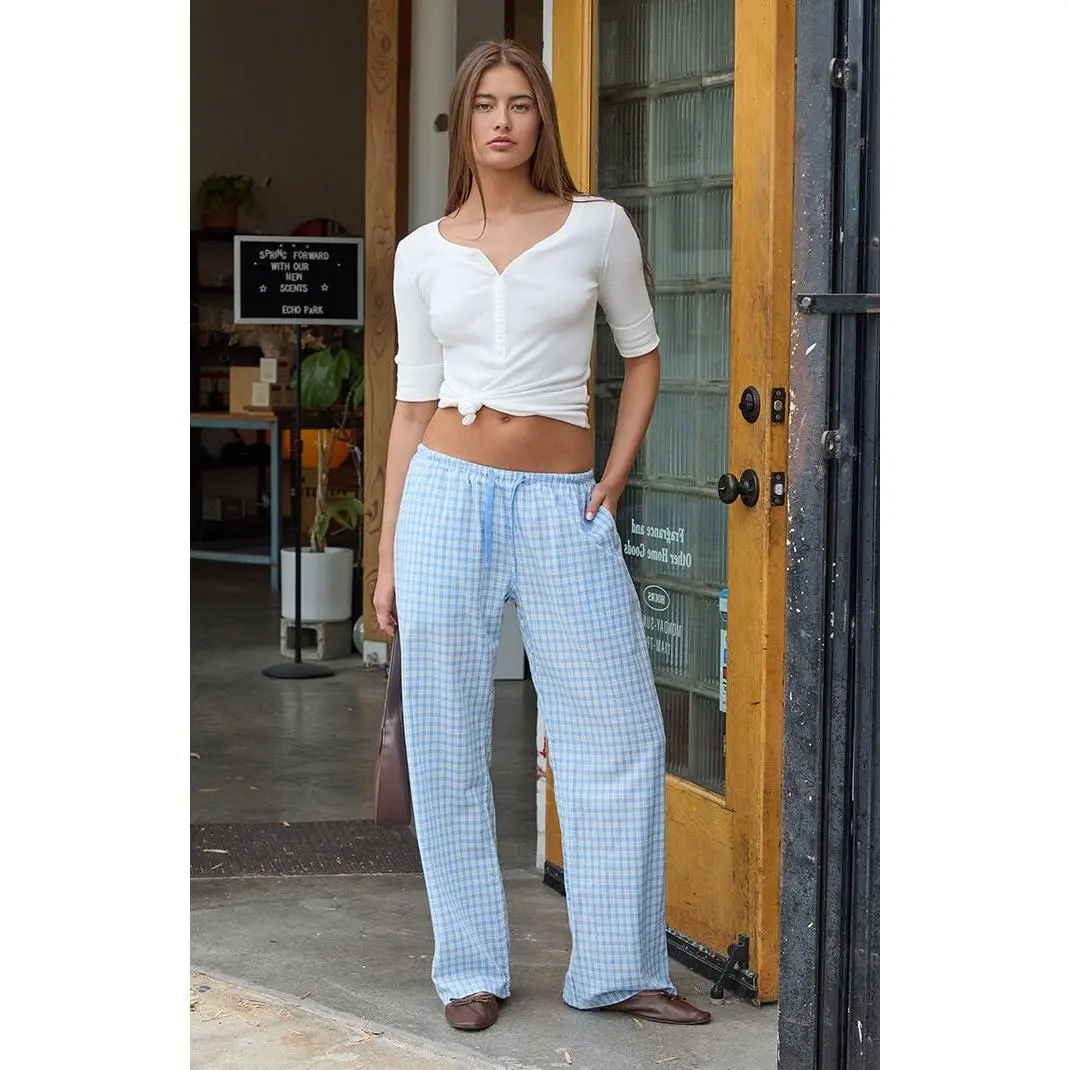 John Galt Women's Light Blue Plaid Anastasia Tie Sweatpants