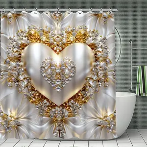 1/3/4PCS Luxurious Diamond Heart Shower Curtain Set, 71x71 Inches, Includes Background Pattern, Comes with 12 Hooks, 1/3/4pcs Options, Bathroom Curtain