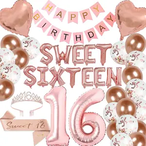 16th Birthday Party Decorations Sweet 16 Party Balloons Sixteen Birthday Tiara Rose Gold Sash Happy Birthday Banner for 16 Year Old Women Bday Party Favor Supplies