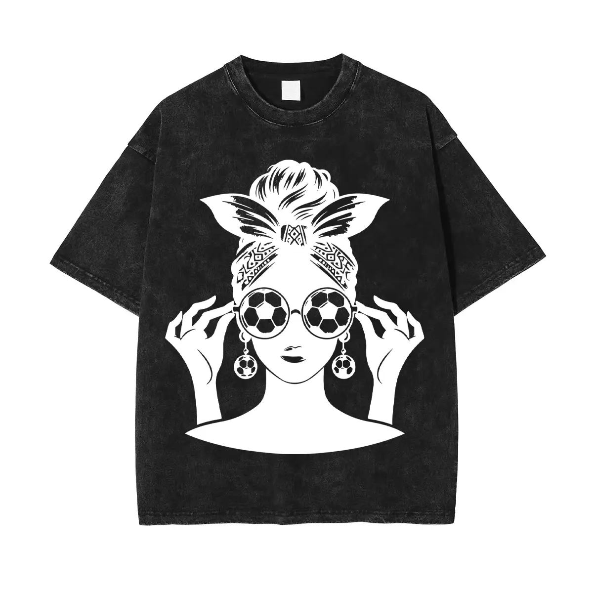 Men's Short-Sleeve Blokette Core Soccer Vintage Oversized T-Shirt - Acid Wash Black Graphic Tee with Bandana Headband Sunglasses Design, Streetwear Matchday Outfit Fabric Top