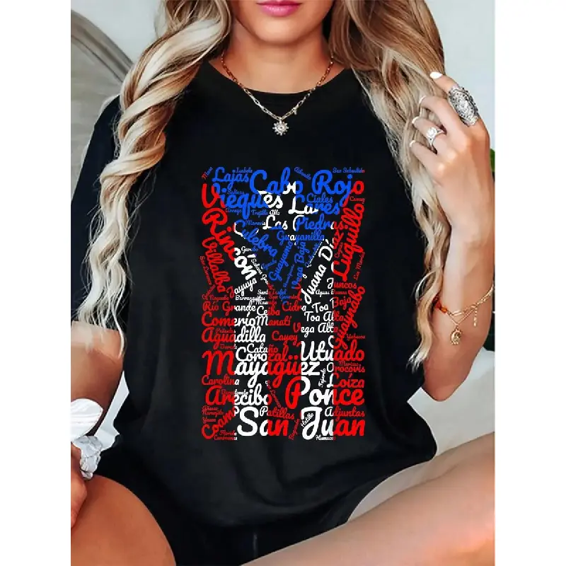 Women's Puerto Rico Flag & Town Graphic Top - Lady's 100% Cotton Casual Fitted Round Neck T-Shirt, Tshirt, Puerto Rico Town Graphic Women's T-Shirts, As Photos