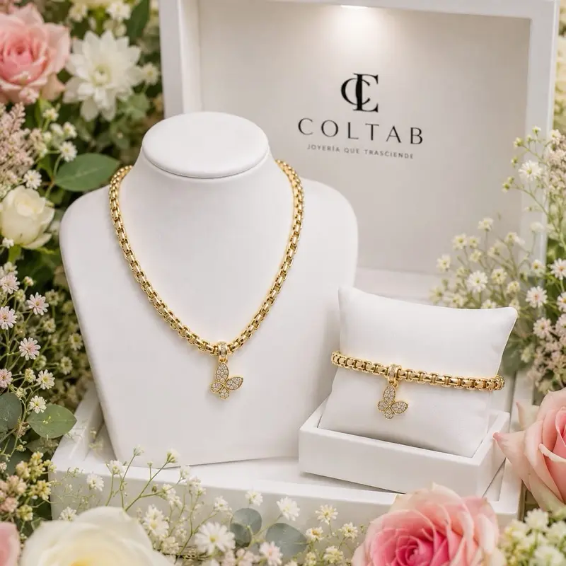 Women's 14K Gold-Plated Dangle Rhinestone Butterfly 2-Piece Jewelry Set, Necklace and Bracelet
