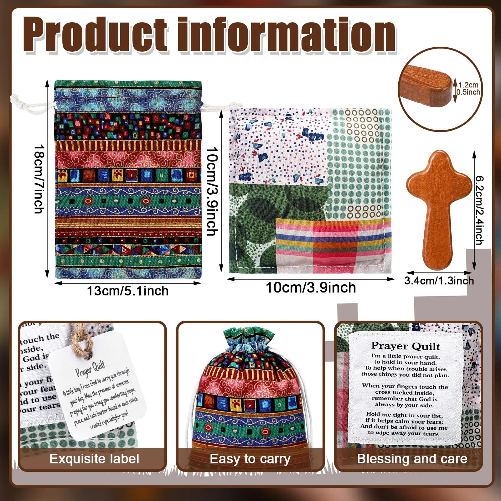 18Pcs Easter Prayer Gift Pocket Prayer Quilt Set Handmade Prayer Blanket with Cross and Drawstring Bag Mini Heart Prayer Quilt for Friends Family Church Members Easter Basket Stuffer Easter Basket Ideas