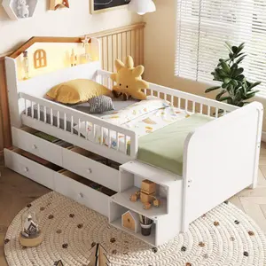 Low Loft Bed with LED Lights, Wooden Twin Loft Bed with House Shape Headboard, Kids Loft Bed with Storage Drawers Furniture Design