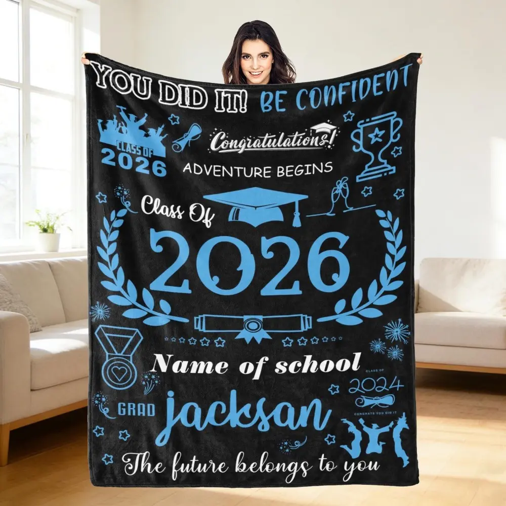 Personalizable Graduation-Themed Blanket, Custom Class of 2026 Blue Gold Laurel Throw Blanket, Custom Text "Jackson" Personalized Grad Gift for Graduates, Personalizable Blankets, Custom Text Blankets