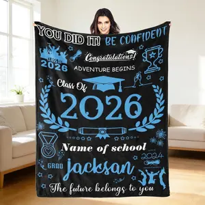 I graduated！Custom Class of 2026 Graduation Blanket, Blue Gold Laurel Throw Blanket, "Jackson" Personalized Grad Gift