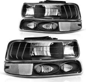 YITAMOTOR Headlight Assembly Compatible with 1999-2002 Chevy Silverado / 2000-2006 Chevrolet Tahoe Suburban with Bumper Lights Clear Reflector Black Housing