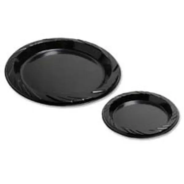 Genuine Joe GJO10429 Disposable Black Plastic Plates, 9 in. Round, 125 Pieces Bulk Pack, Easy Cleanup, Suitable for Hot/Cold Food & Party Use