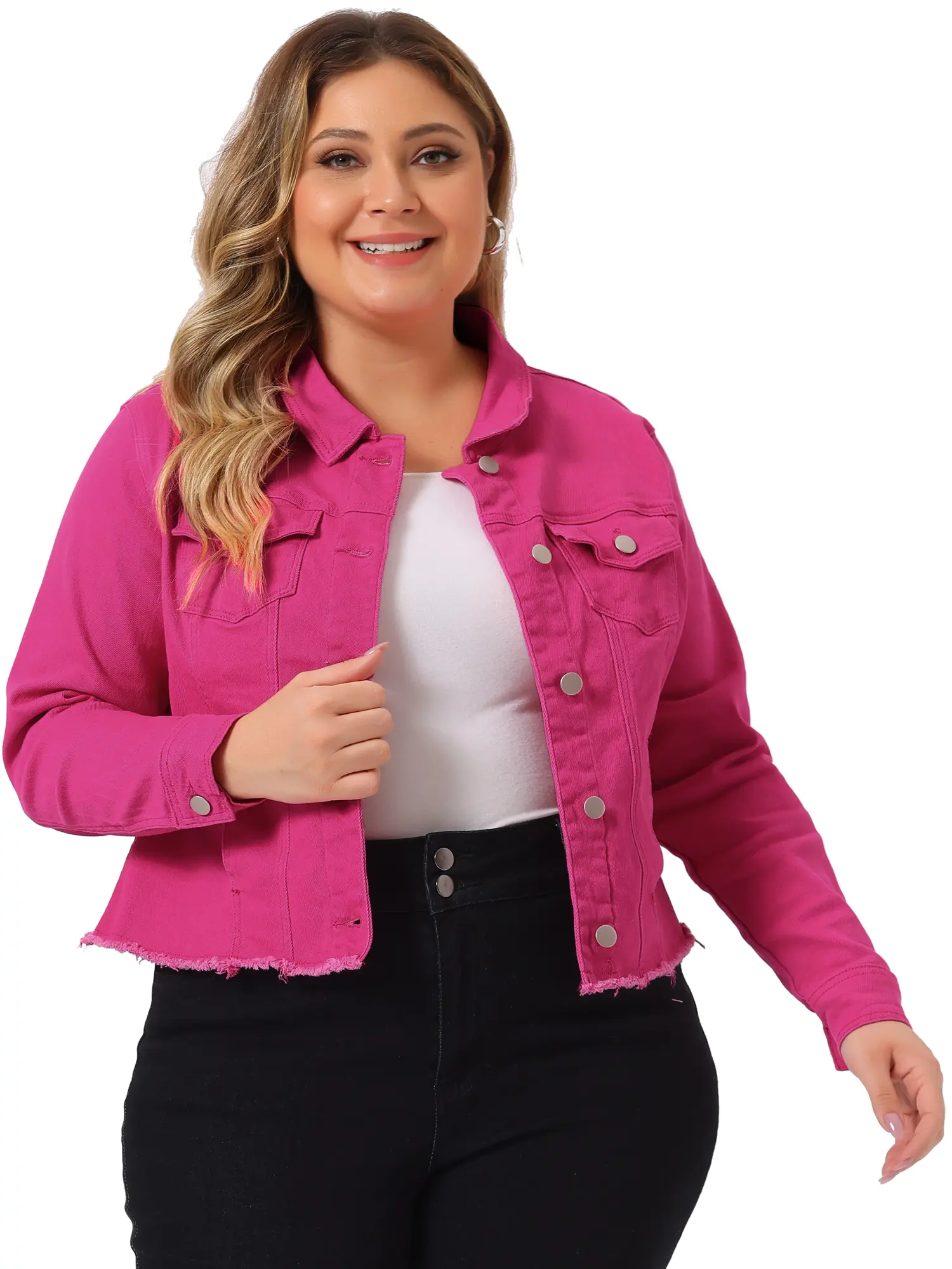 Agnes Orinda Plus Size Classic Washed Front Frayed Denim Jacket