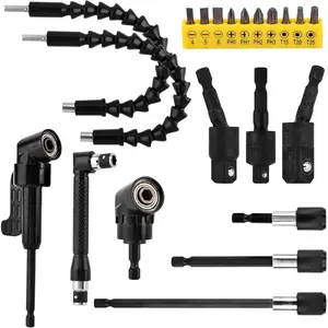 21 count Right Angle Drill Attachment Set Include 2 count Flexible Drill Bit Extension 3 count 360? Rotatable Socket Adapter 2 count Hex Shank 105? Right Angle Attachment 10  Bits(COLOR:black)