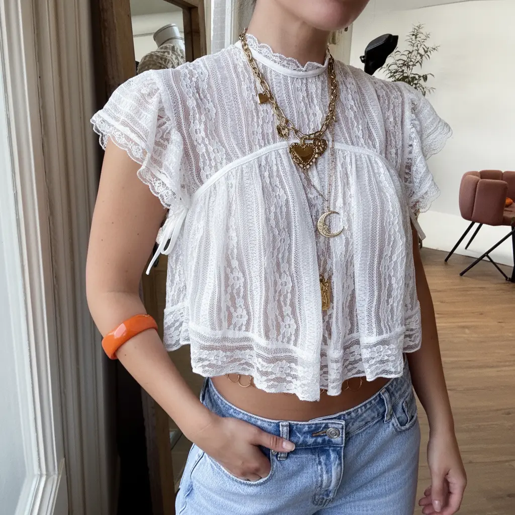 Women Sheer Floral Lace Crop Top, Ruffle Cap Sleeve Mock Neck Hollow Out Eyelet Mesh Blouse, Back Self Tie Bow Semi See Through Flowy Babydoll Short Lace Shirt