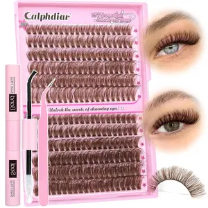 Brown Lash Extension Kit Fluffy Eyelash Extension Kit D Curl Cluster Eyelash Extensions 10-18MM 240PCS Wispy Individual Lashes with Lash Bond and Seal Waterproof Lash Clusters Kit 50D+70D DIY at Home