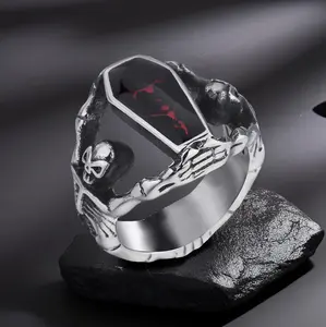 Vintage Vampire Coffin Ring for Men Red Enamel Casket Stainless Steel Rock Punk Gothic Skull Rings Size 8-15