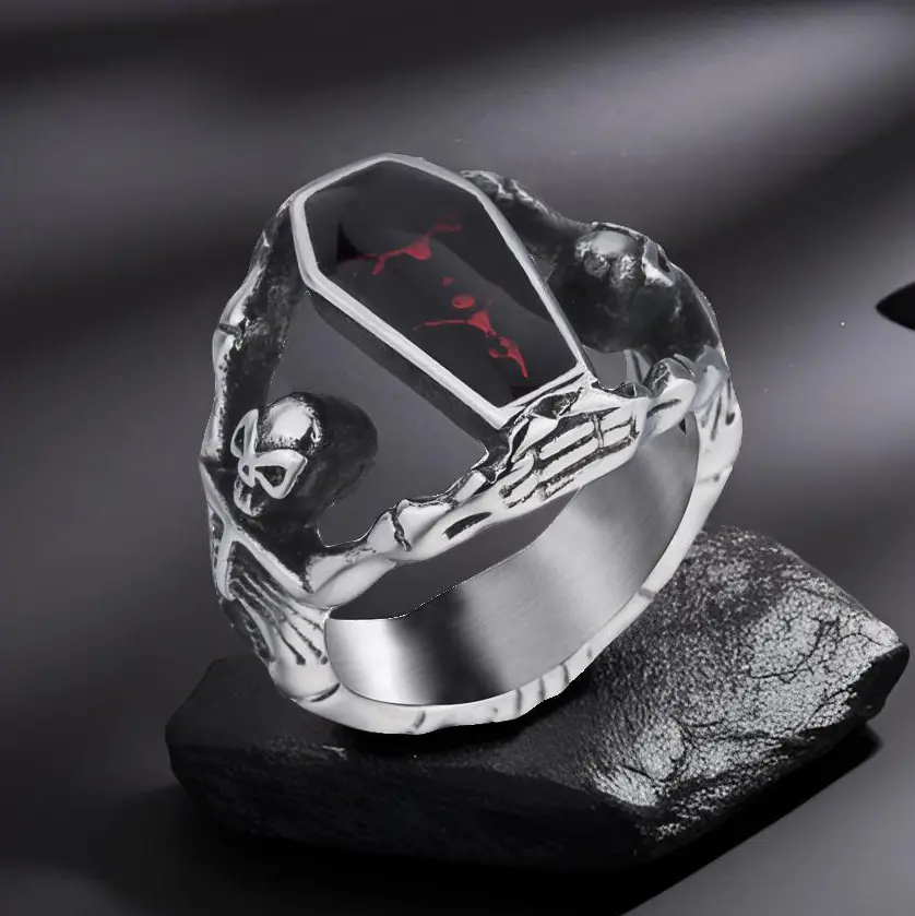 Vintage Vampire Coffin Ring for Men Red Enamel Casket Stainless Steel Rock Punk Gothic Skull Rings Size 8-15