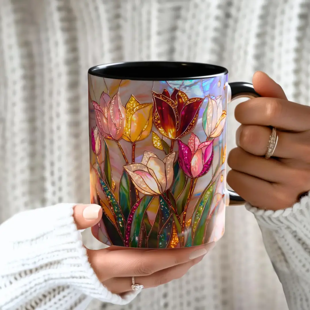 Colorful Tulip Stained Glass Floral 11oz & 15oz Mug, Faux 3D Aesthetic Spring Flower Art Coffee Cup, Elegant Home Decor Drinkware for Women, Perfect Mother’s Day, Birthday and Holiday Gift for Mom, Female Friends and Flower Lovers, Dealsforyou, Summerwins