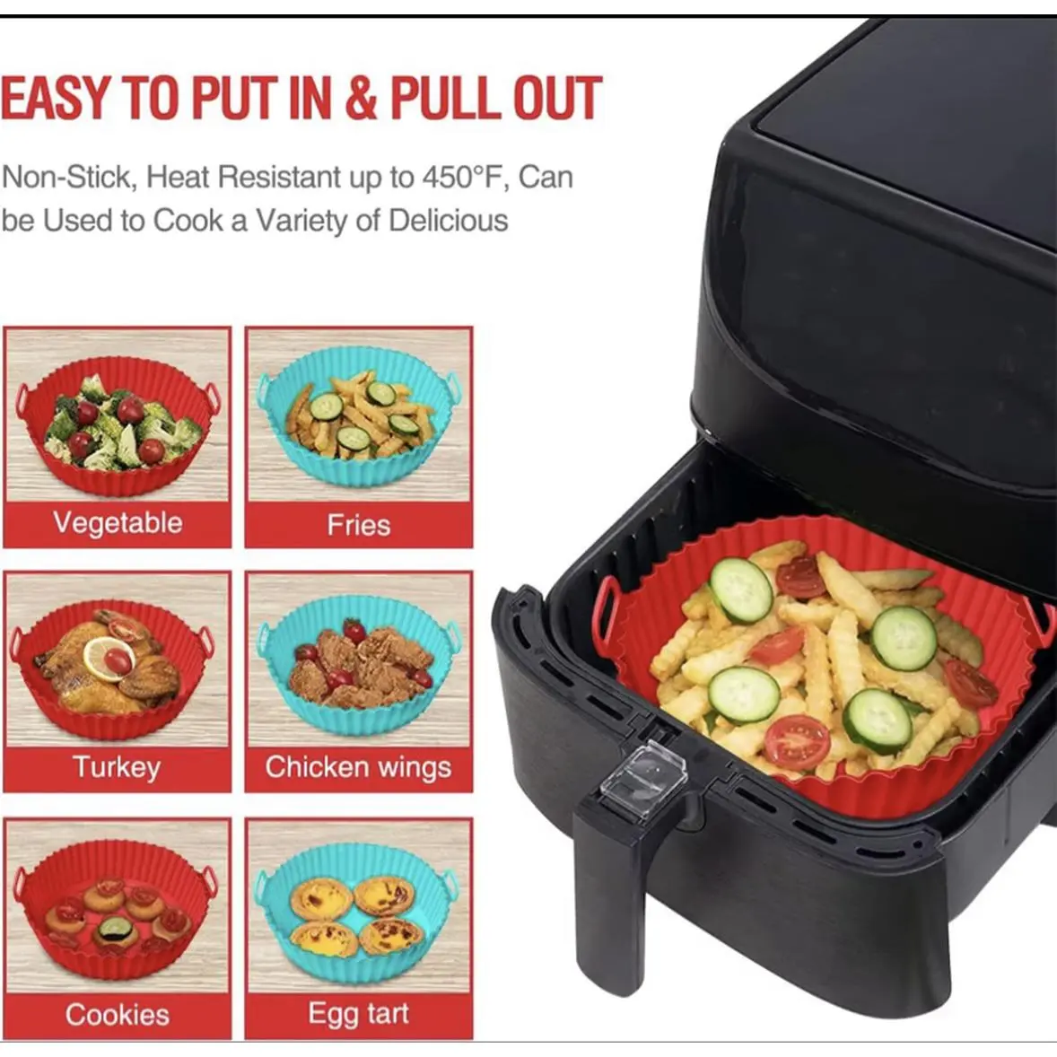 2-Piece Food Grade Silicone Non-Stick BPA Free 7.9in x 2in Reusable Air Fryer Basket Dishwasher Safe Up to 428F/220C Black Blue Pink White Red