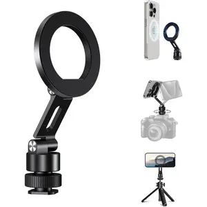 Aluminum Magnetic Phone Mount with 300° Rotatable Cold Shoe Base, MagSafe Phone Tripod Mount Adapter with 1/4” Screw & Hot Shoe, 100° Tilt Phone Holder For Tripod