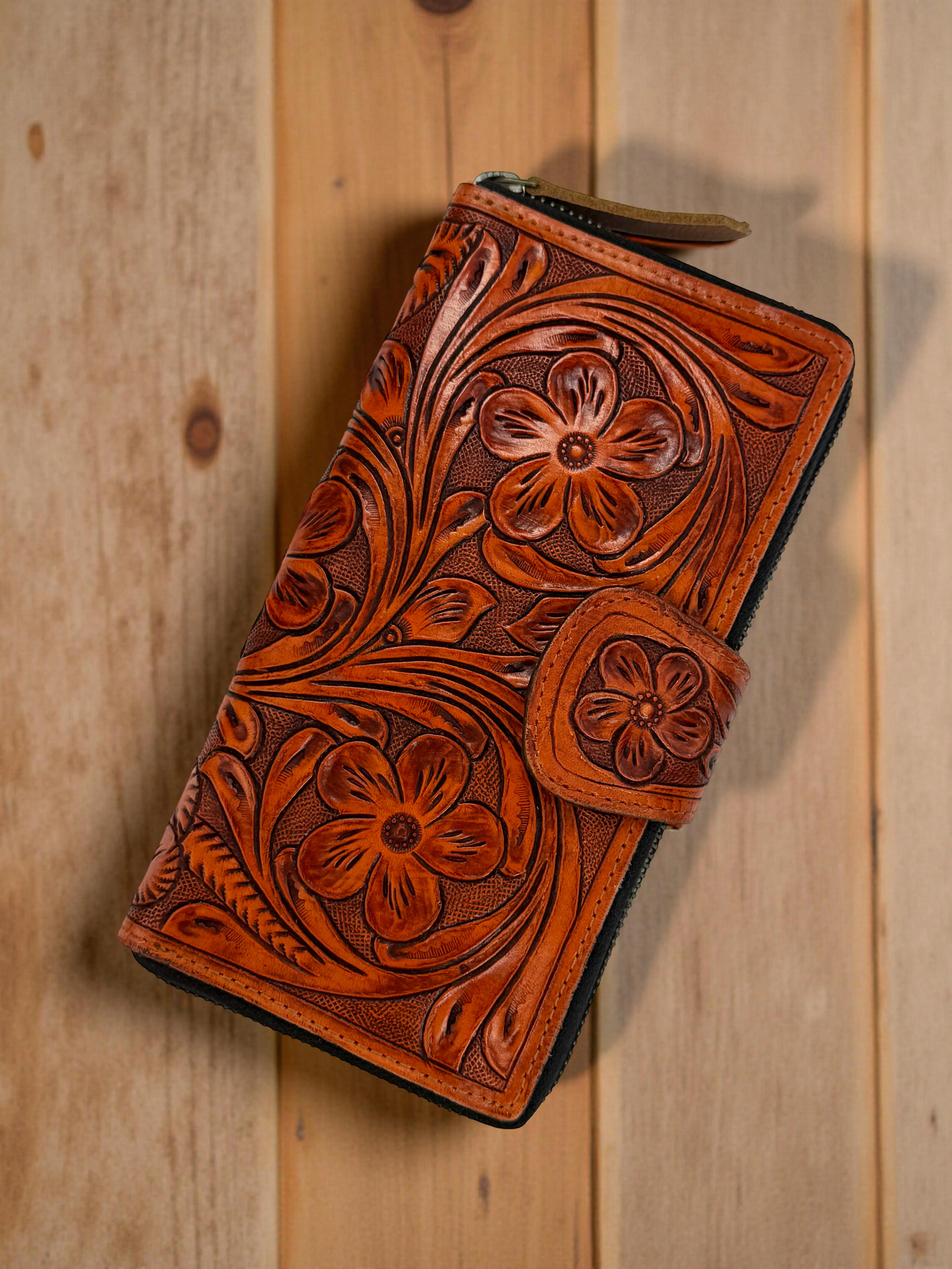 Western Genuine Leather Tooled Women's Wallet Clutch Organizer, Full Grain Long Wallet, Flower Rodeo Wallet For Cowgirl Zip Purse Card Case