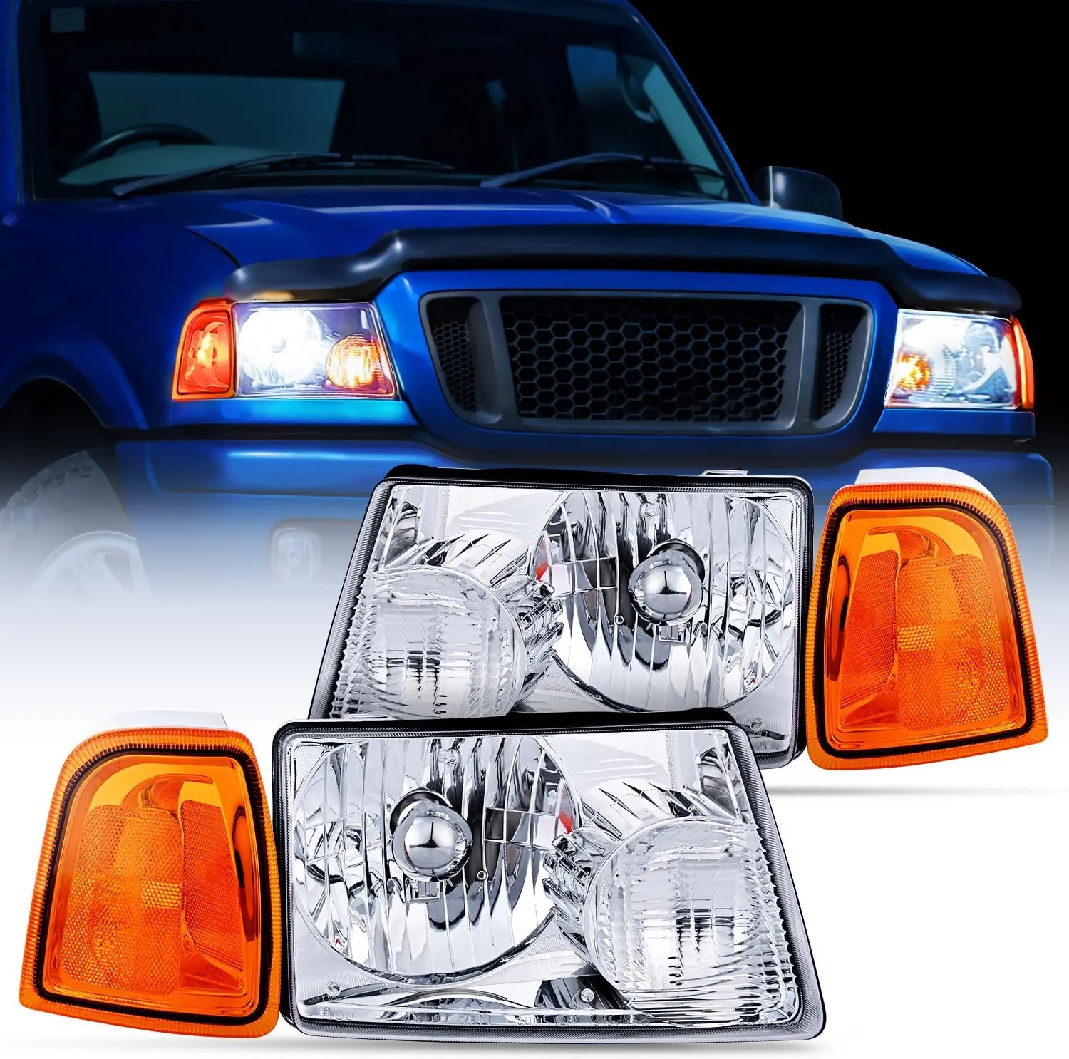 Nilight Headlight Assembly with Cover for 2001-2011 Ford Ranger, Chrome Housing Amber Reflector Replacement, Automotive Vehicle Truck LED Headlight Bulb Accessory, Headlight Cover