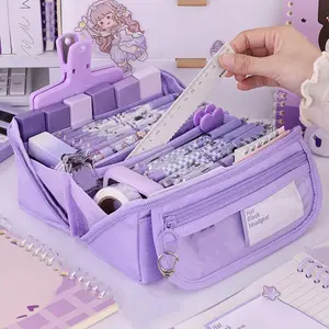 Large Capacity Canvas Pencil Case, Simple Handheld Stationery Box, Desk Organizer, Suitable for Office School, Portable Makeup Bag