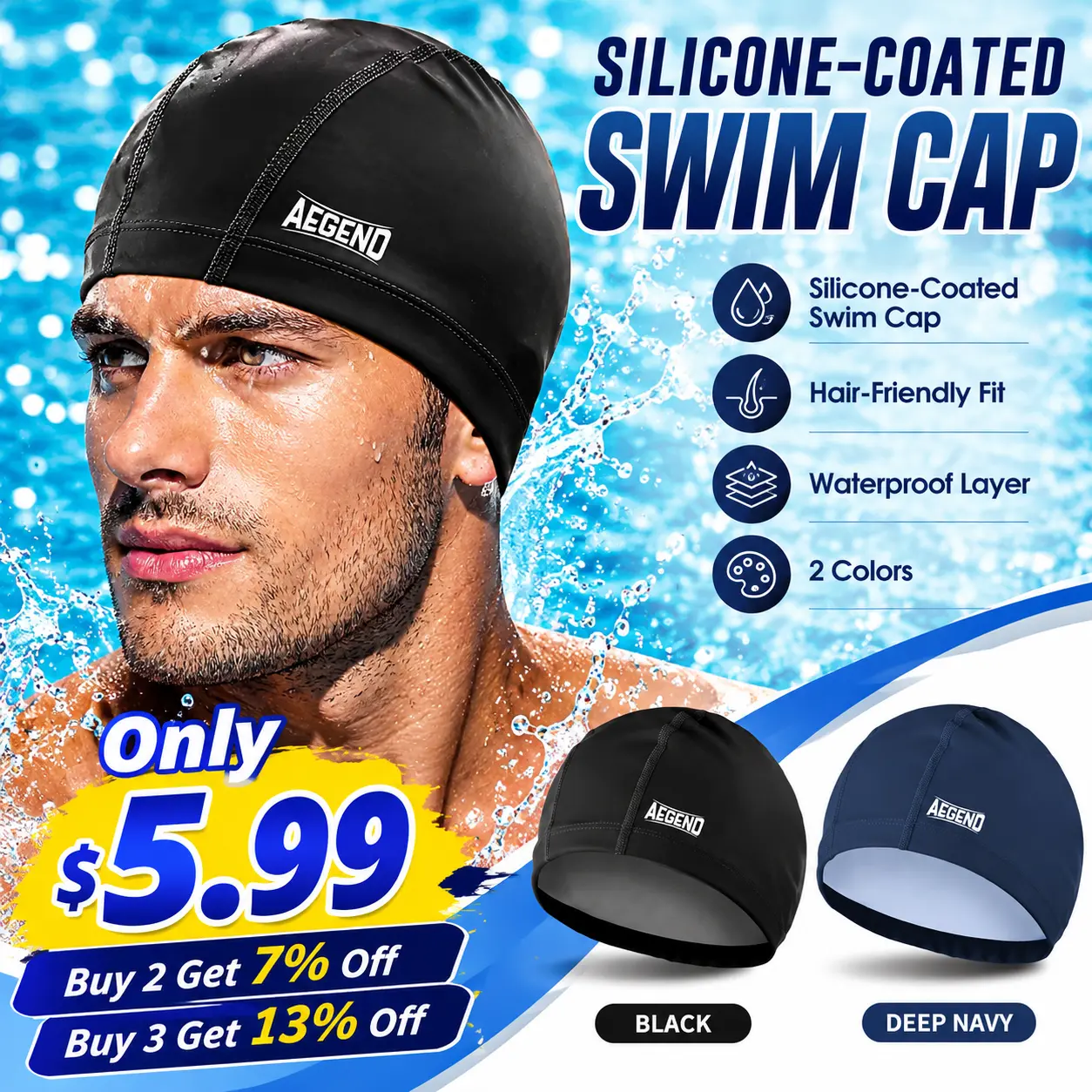 Aegend Unisex Swimming Cap, Sporty Polyester Fabric with Waterproof Silicone Lining, High Elastic & Quick-Dry for Hair Protection, Quick-Dry Swimming Caps tiktokshopbacktoschool