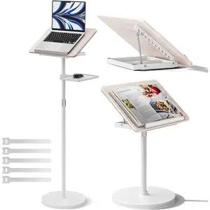 2 in 1 Adjustable Book Stand - Dual-Use Floor and Desktop Book Holder, Height Adjustable 23.5-52 in, Elastic Page Clips for Music Sheet, Recipe, Tablet, Laptop, White