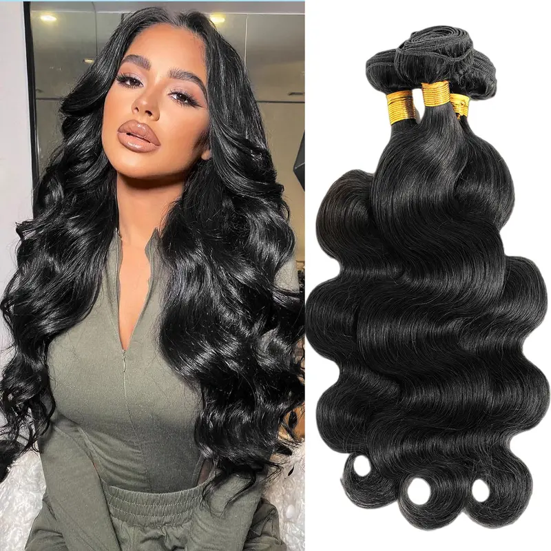 Vinisay Body Wave Human Hair Bundles Sew in Hair Extensions 100% Unprocessed Brazilian Virgin Hair 1 3 4 Bundles Human Hair Extensions Quick Weave Natural Black