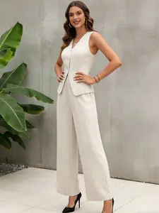 Two-piece women's light beige sleeveless Fitted V-neck single-button back bow tie belt waistcoat top high-waisted straight-leg-leg pants suit, suitable for summer, suitable for office commuting, light social occasions.