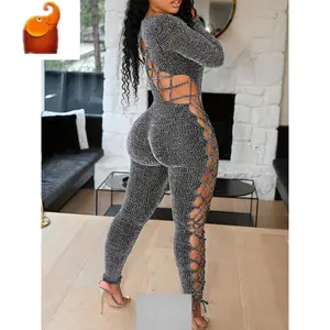 Chic Gray Ribbed Knit Jumpsuit - Polyester & Spandex Blend, Backless, High-Waisted, Long Sleeve, Round Neck - Hand Washable, Stylish & Trendy for All Seasons pan Fabric Overalls