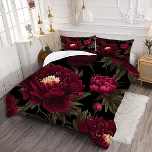 3-Piece Peony Print Bedding Set, Soft Breathable Fabric, All-Season Use, Includes 1 Fitted Sheet + 2 Pillowcases