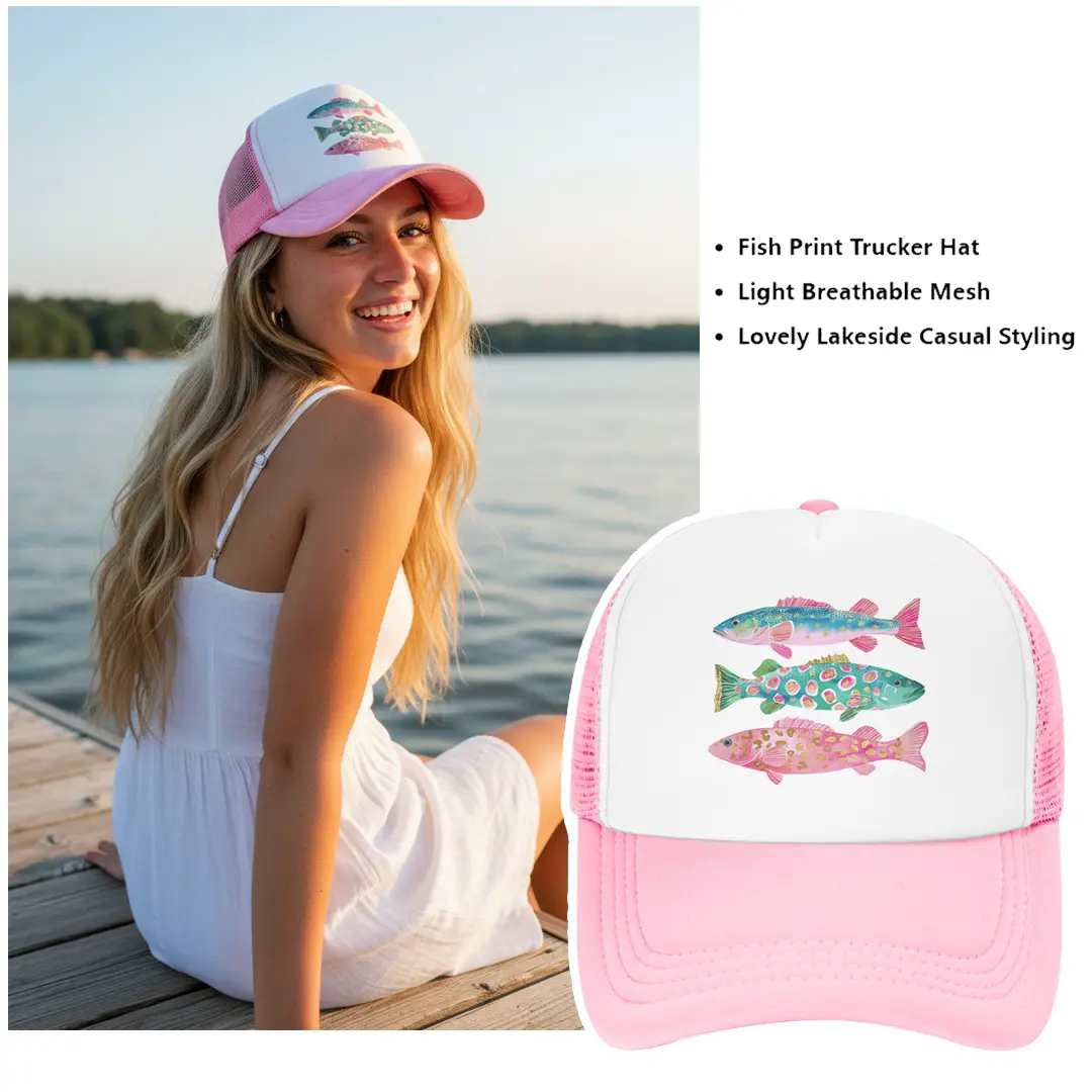Preppy Leopard Bass Fish Foam Trucker Hat, Cute Preppy Style Women Mesh Cap for Daily Casual,Pink White Preppy Leopard Bass Fish Foam Trucker Hat, Sweet Preppy Women Mesh Cap For Everyday Outfits,trucker hats women,hats for women,cute summer outfits