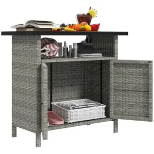 Outsunny Wicker Outdoor Storage Cabinet, Rattan Outdoor Bar Table with 2 Doors and Shelf, Outdoor Buffet Cabinet Sideboard with Metal Slatted Countertop for Poolside, Patio, Backyard, Gray