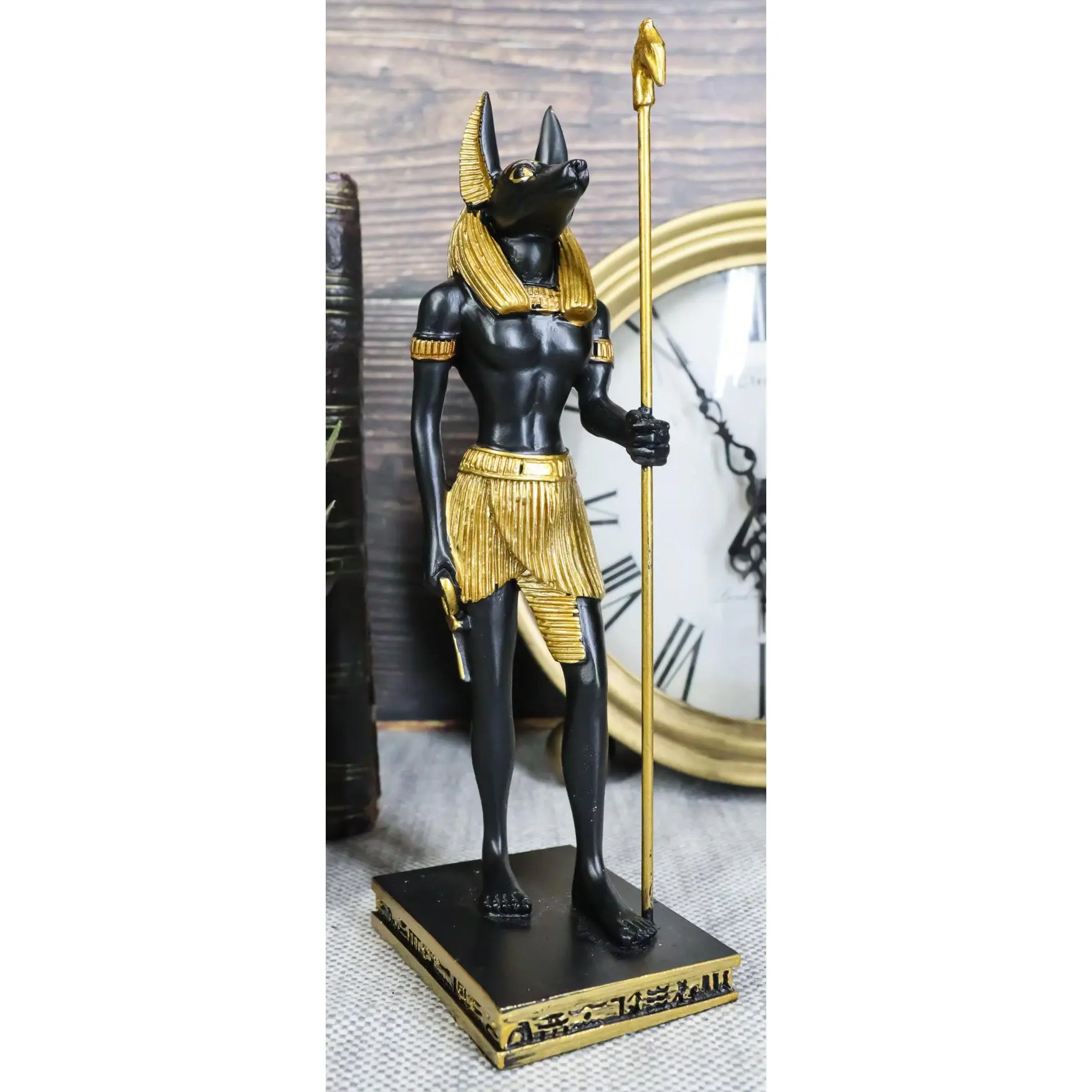 6.75" Tall Egyptian God Anubis Statue with Staff and Ankh, Standing on Hieroglyphic Base Sculpture, Home Decor Ornaments for Home Decor