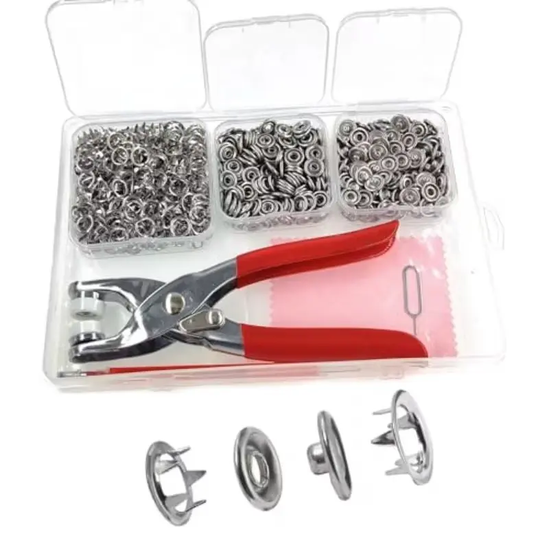Snap Fasteners Kit 200 Sets Metal Snap Button Kit with Fastener Pliers No Sewing 9.5mm Snap on Button Kit Rust Proof DIY Press Studs Button Fix Tools for Fabric Clothing Chrome SNAP9.5mm