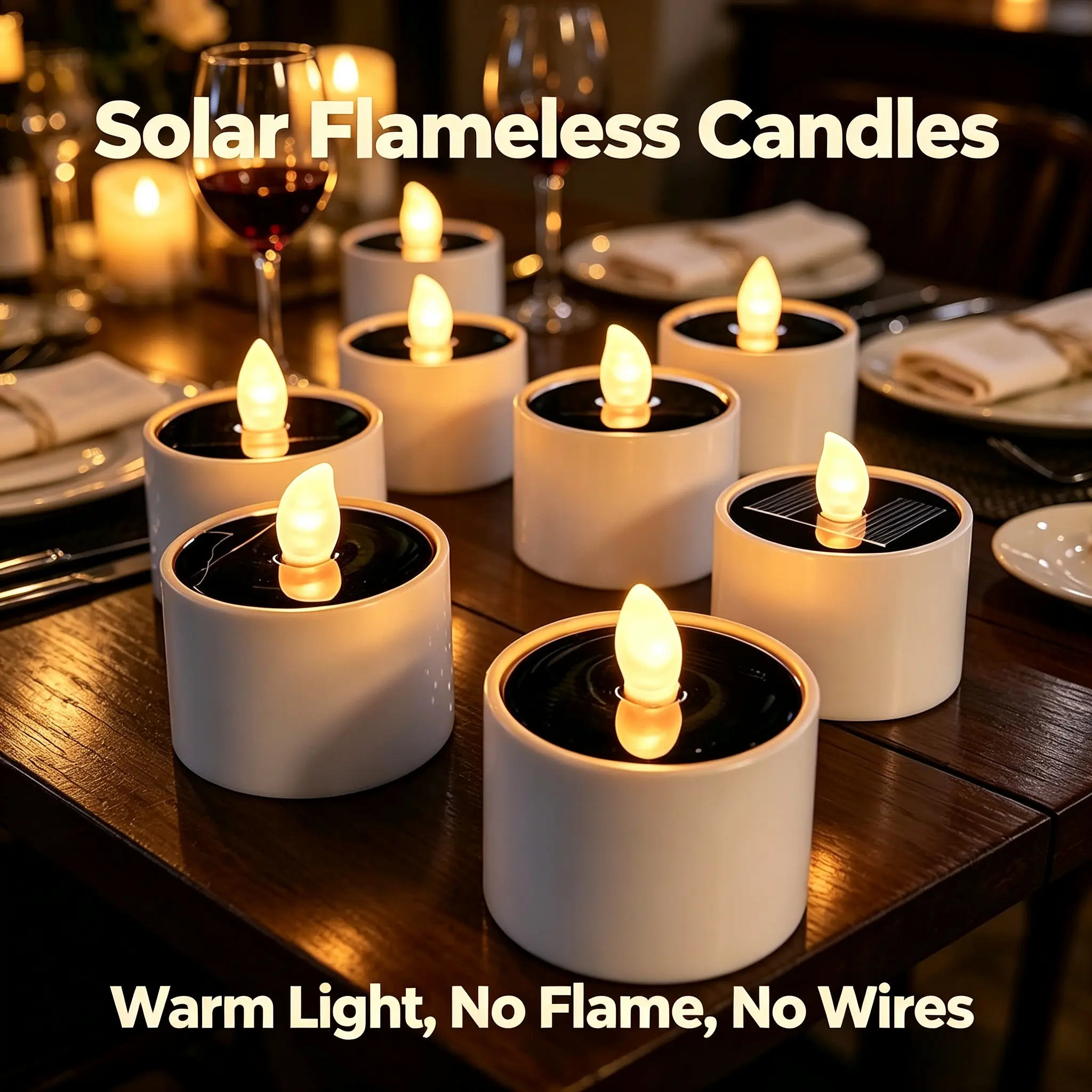 Solar flameless LED candle light, outdoor waterproof, realistic candle effect, soft warm glow; solar candles for courtyard/garden, dining table, weddings, holiday ambiance decorative lights patio