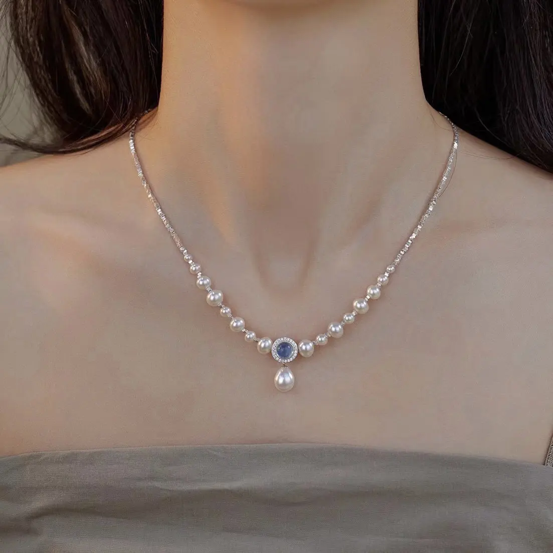 Silver Ocean Blue Treasure Broken Silver Necklace Fashion Item Natural Freshwater Non Core Pearl Necklace