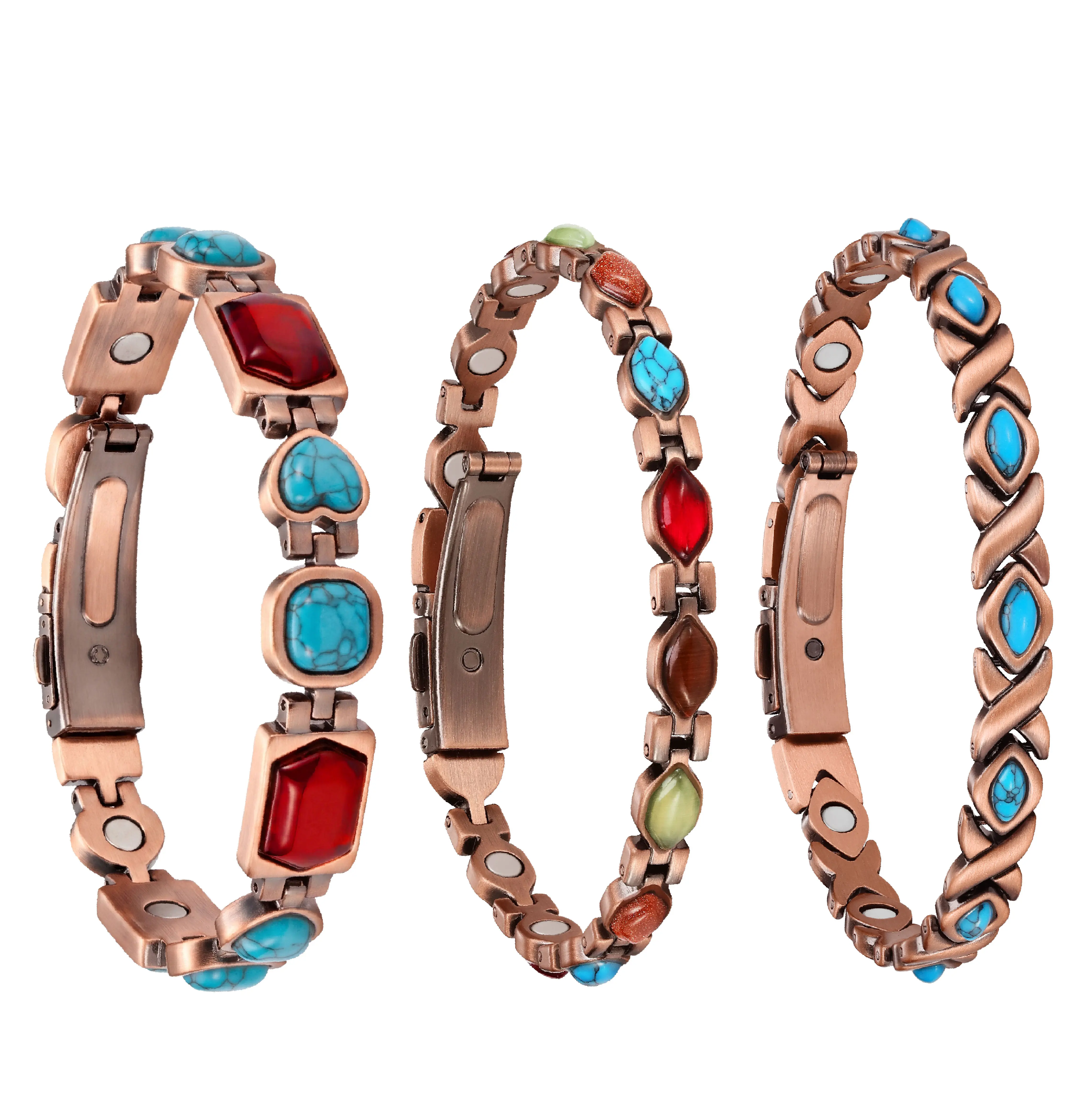 Copper Magnetic Bracelet for Women, Adjustable Gemstone Link Bracelet with Turquoise, Tiger Eye, Ruby, Aventurine & Brown Goldstone, Nickel-Free Lead-Free Jewelry Gift