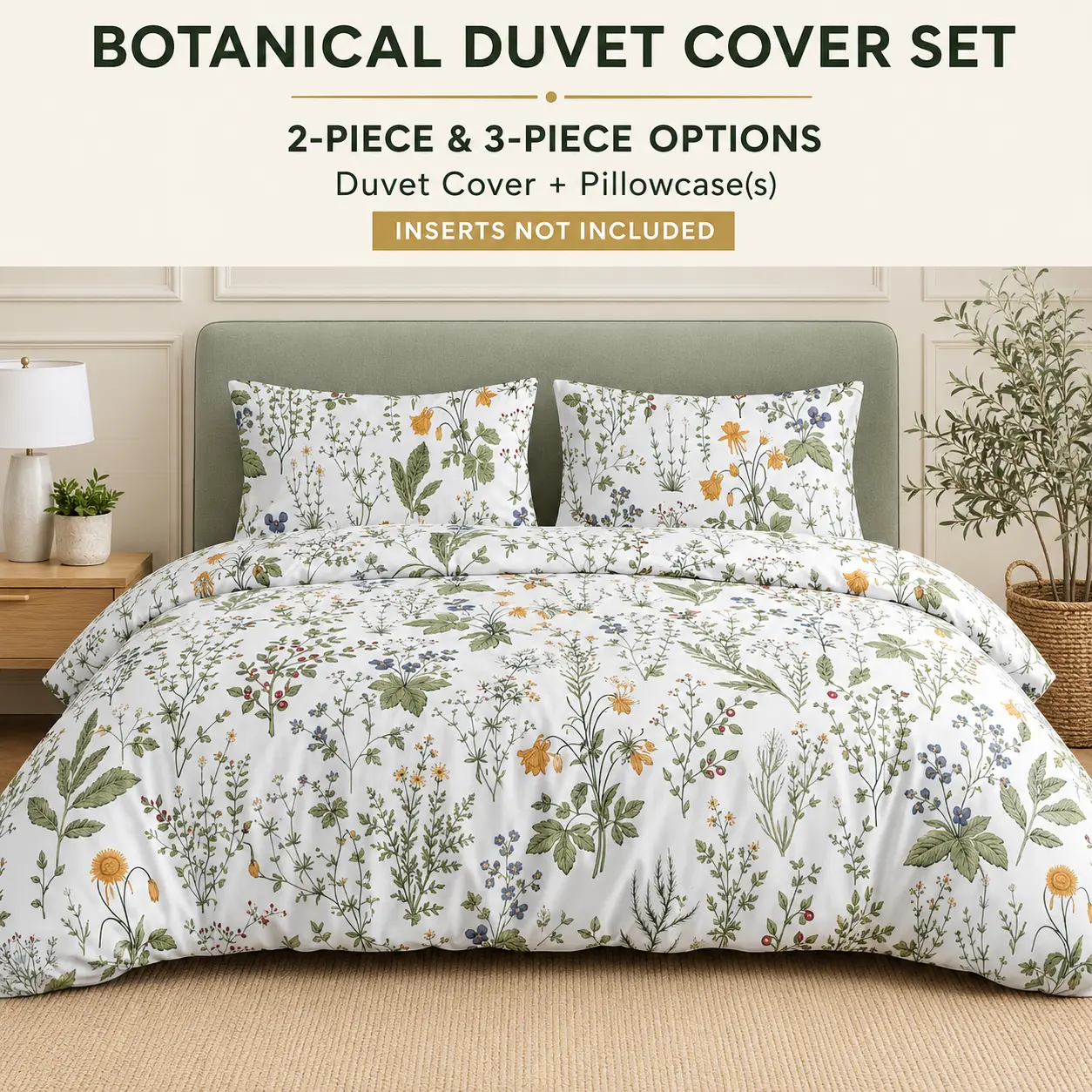 Wild Meadow Botanical Floral Duvet Cover Set, White Green Wildflower Bedding, 2-Piece or 3-Piece Comforter Cover Set, Twin Full Queen King, Insert Not Included