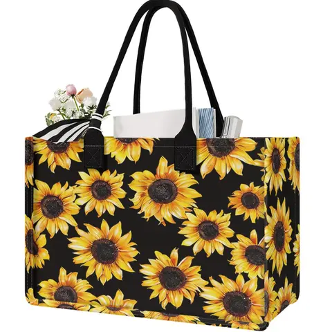 Sunflower Pattern Tote Bag Set, Large Capacity Shoulder Bag & Cosmetic Bag, Travel Bag & Makeup Bag, Casual Trendy Versatile High-quality Daily Commuter Tote Bag Set, Stylish Tote Bag, Aesthetic Tote Bag, Daily Use Bags